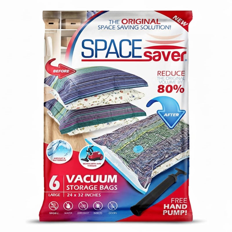 Spacesaver 6 Pack Large Vacuum Storage Bags for Comforters, Blankets & Clothes â€“ Vacuum Sealed Compression Bags with Hand Pump â€“ Space Saver Storage Bags for Bedding, Moving, Travel & Organization - Image 1